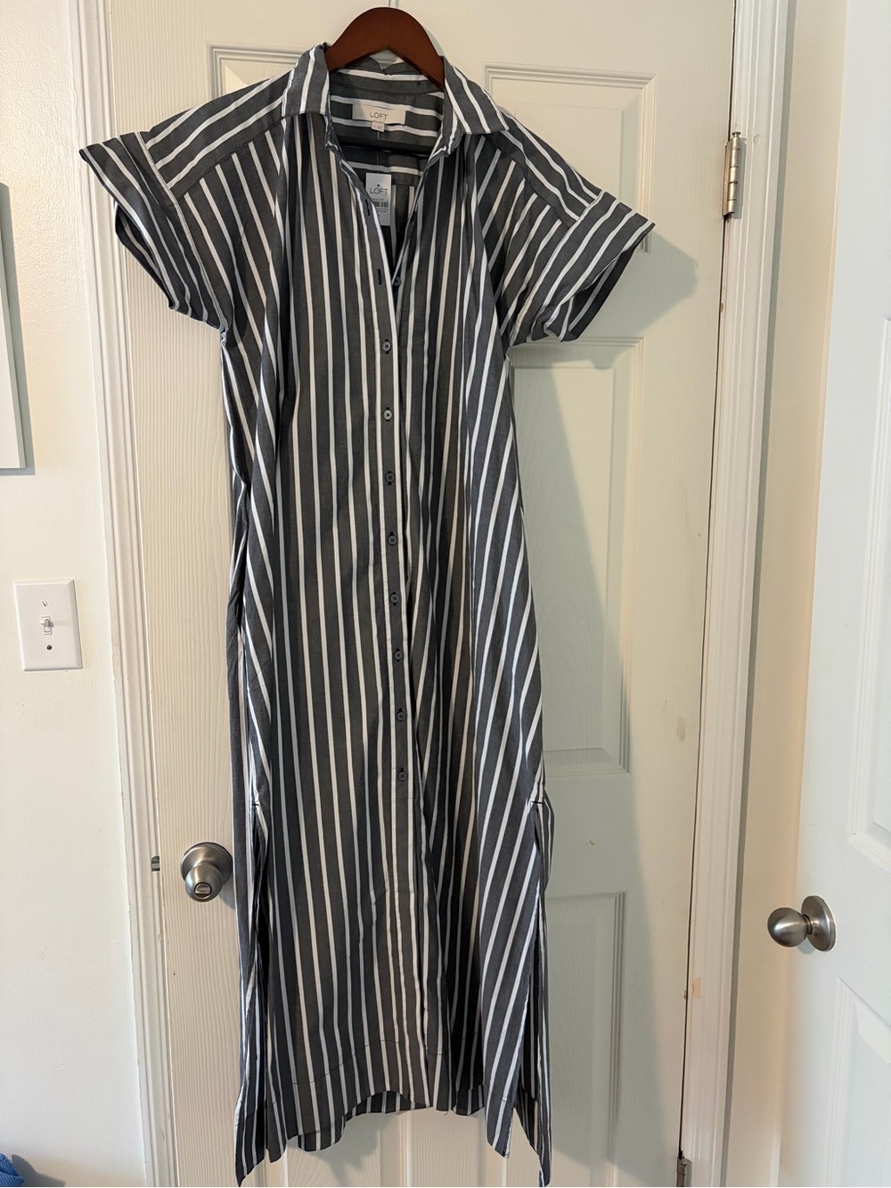 LOFT Grey & White Striped Button-Front Shirtdress with Pockets